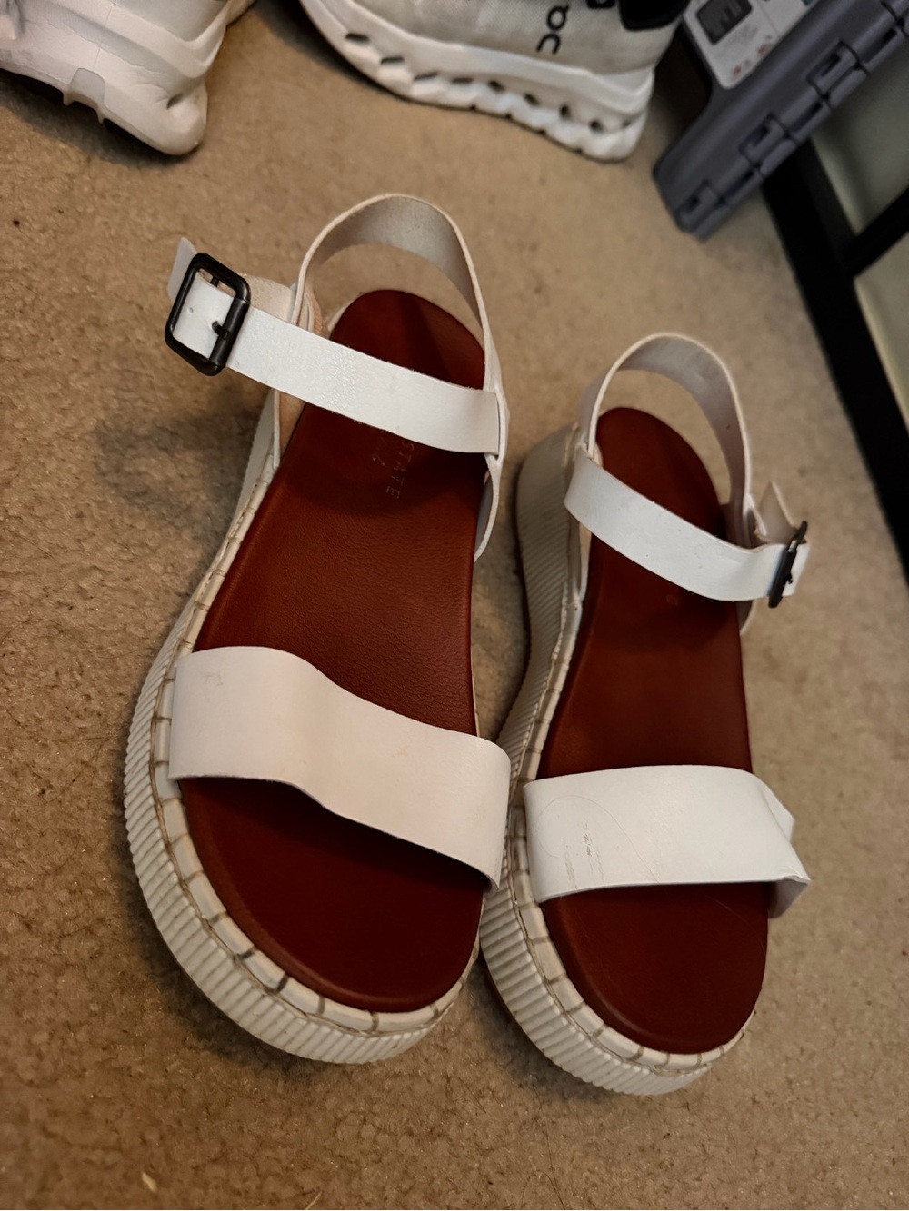 Altar'd State White Leather Platform Slingback Sandals with Brown Footbed